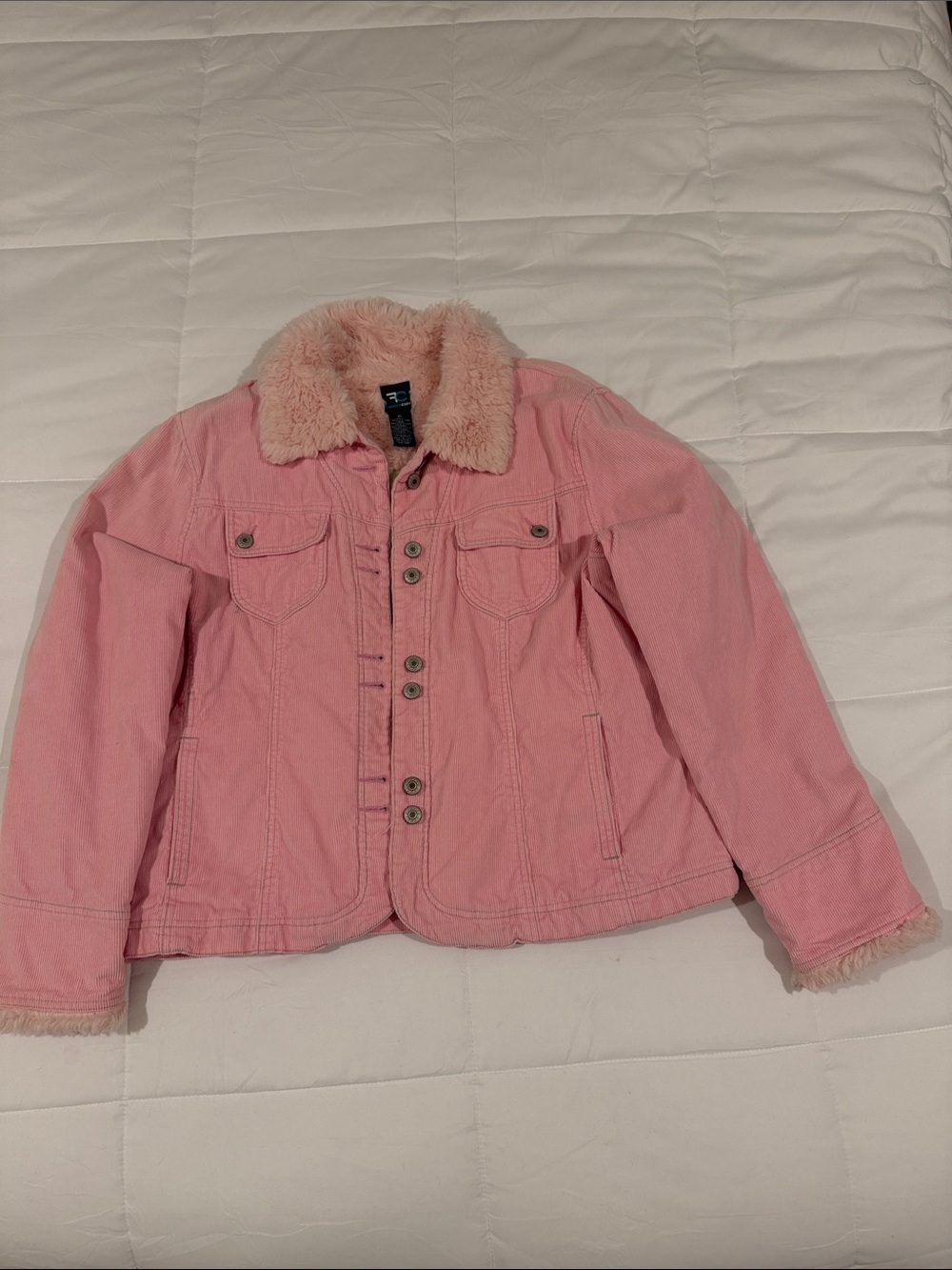 French Cuff Pink Corduroy Faux-Fur Collar Jean Jacket Size Xl